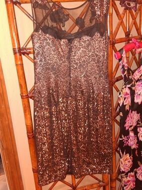 Kay Unger Black With Copper Sequin Overlay Satin Evening Dress